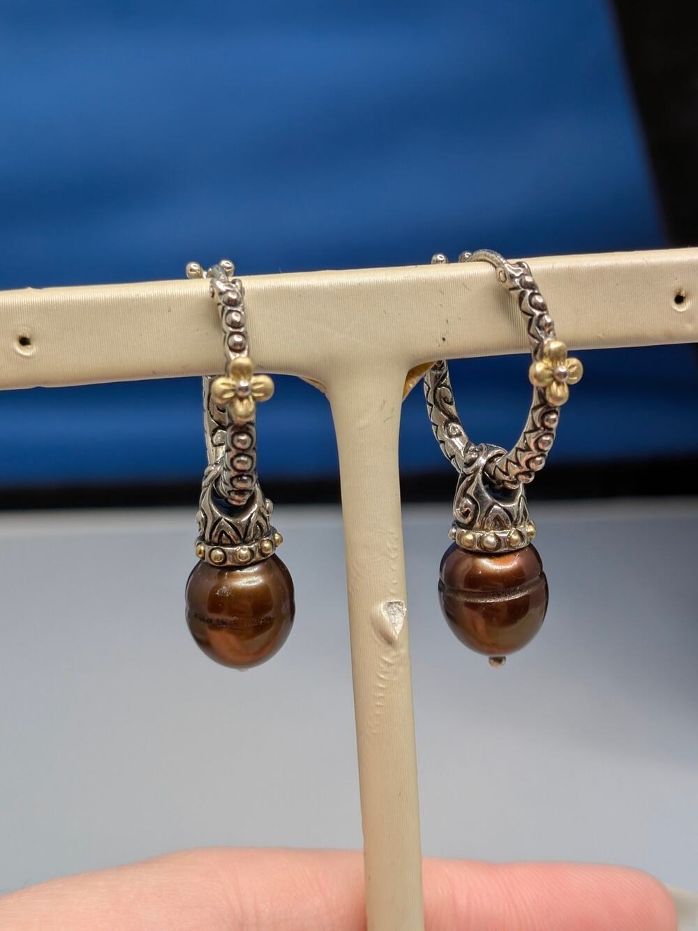 BARBARA BIXBY STERLING SILVER AND 18 KT. GOLD BROWN PEARL DANGLE EARRINGS